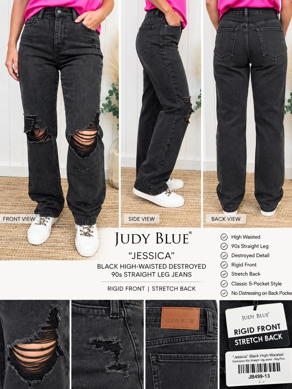 NWT Judy Blue Jessica High-Waisted Black Destroyed 90s Straight Leg Jeans Sz 13